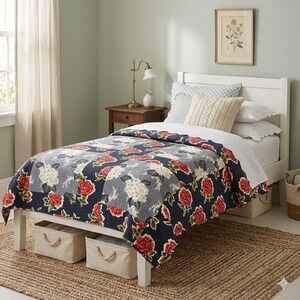 Garnet Hill Twin Cotton Reversible Floral Patchwork Rose Hydrangea Quilt Blanket